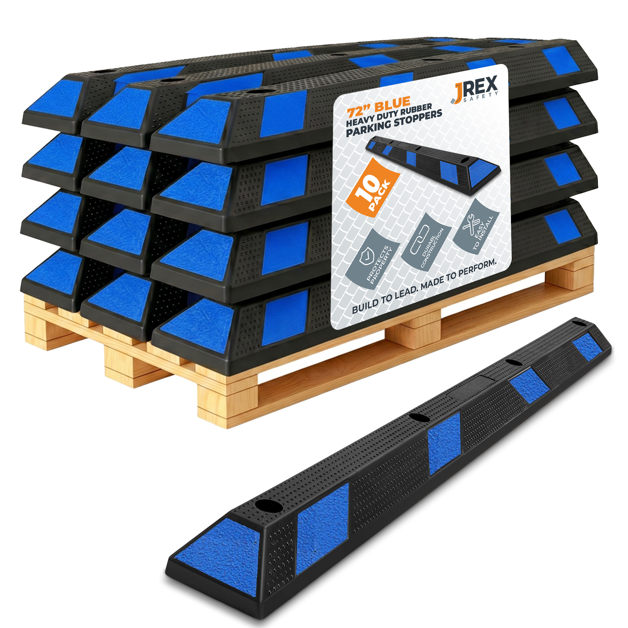 72" Rubber Parking Block Curb Stop - Blue Reflective Strip - 10 Pack
